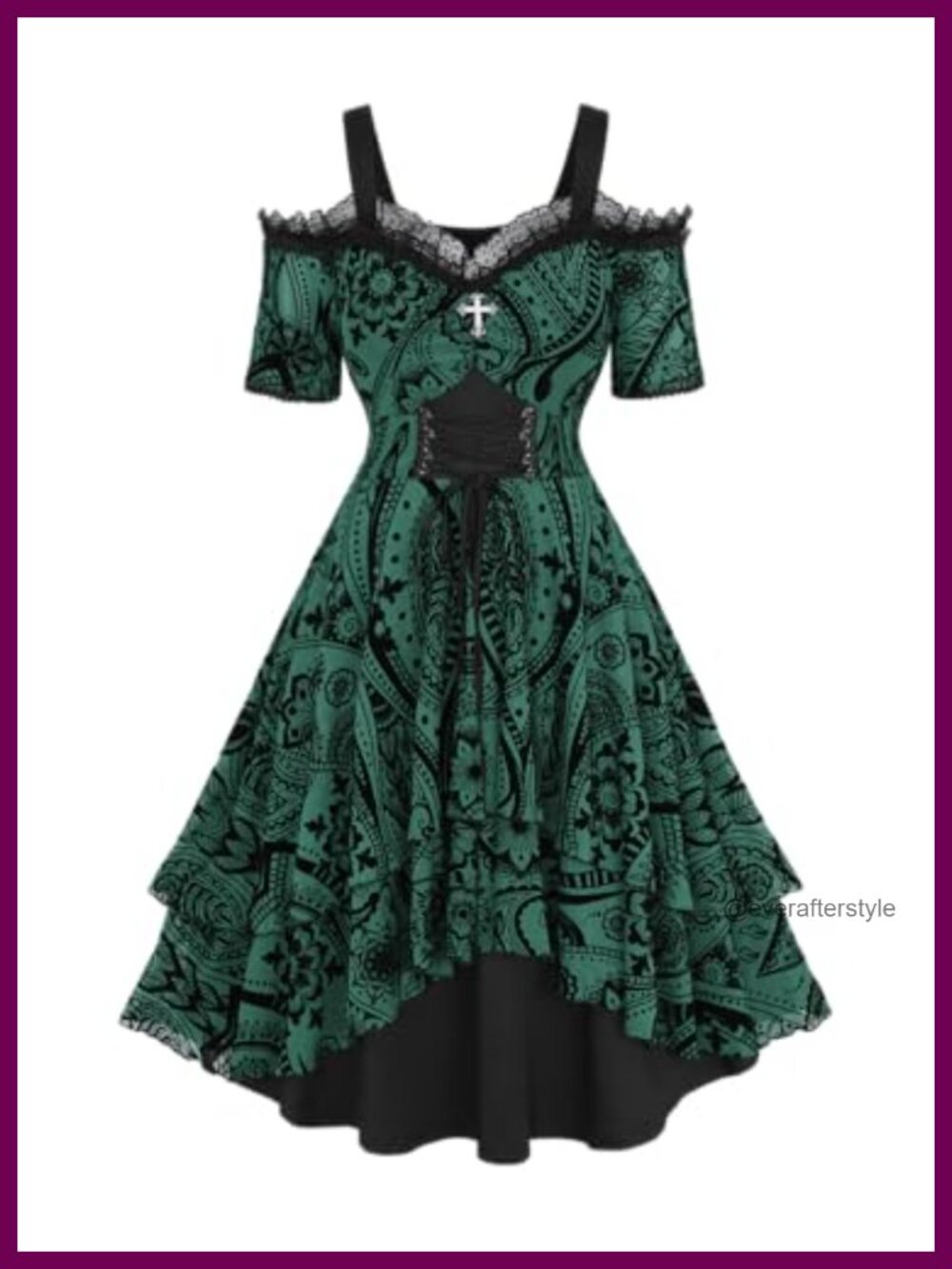 Plus Size Gothic Lace Up Flocking Floral Dress Cold Shoulder A-Line